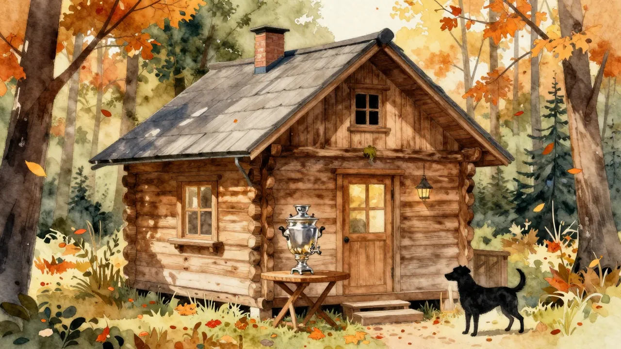 Watercolor style. A cozy wooden house in the forest, a samov...