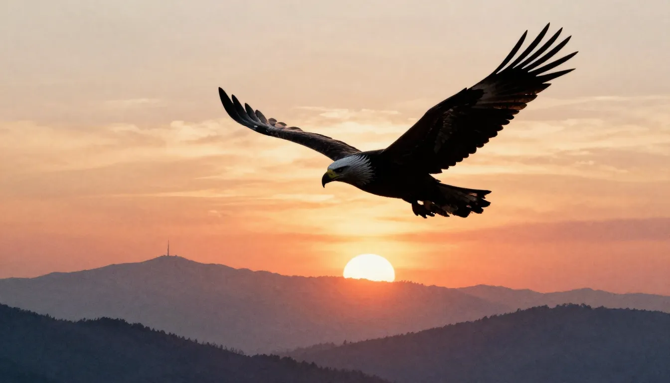 Watercolor style. Silhouette of a flying eagle against a sun...