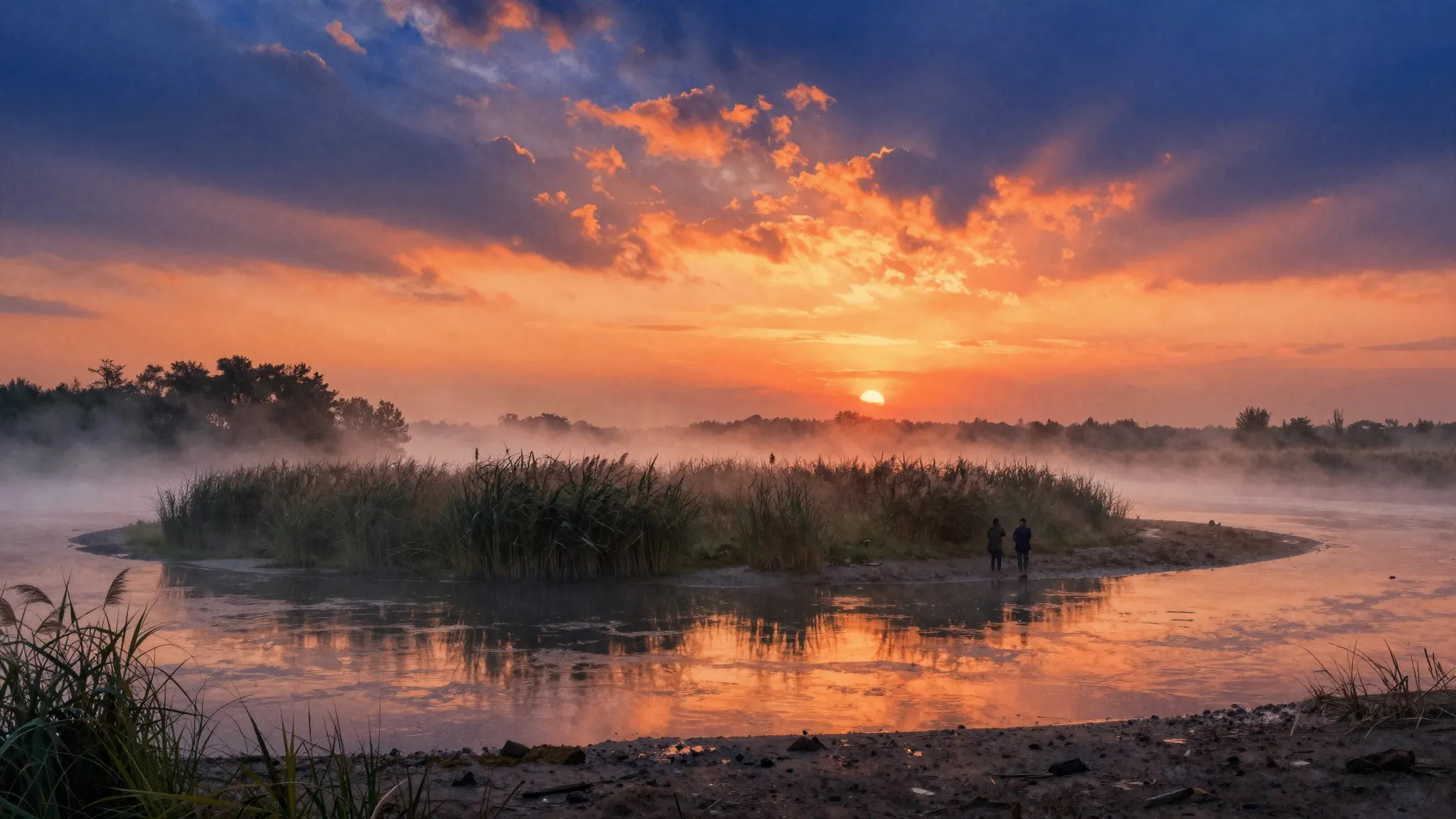 Vibrant watercolor style. Cinematic landscape of a misty riv...