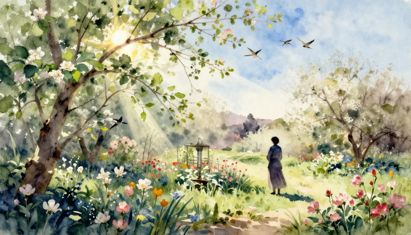 Watercolor style. Spring landscape, blooming garden, sun ray...