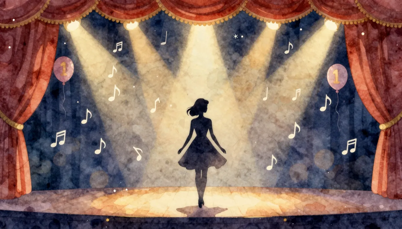 Watercolor style. Silhouette of a woman standing on a theatr...