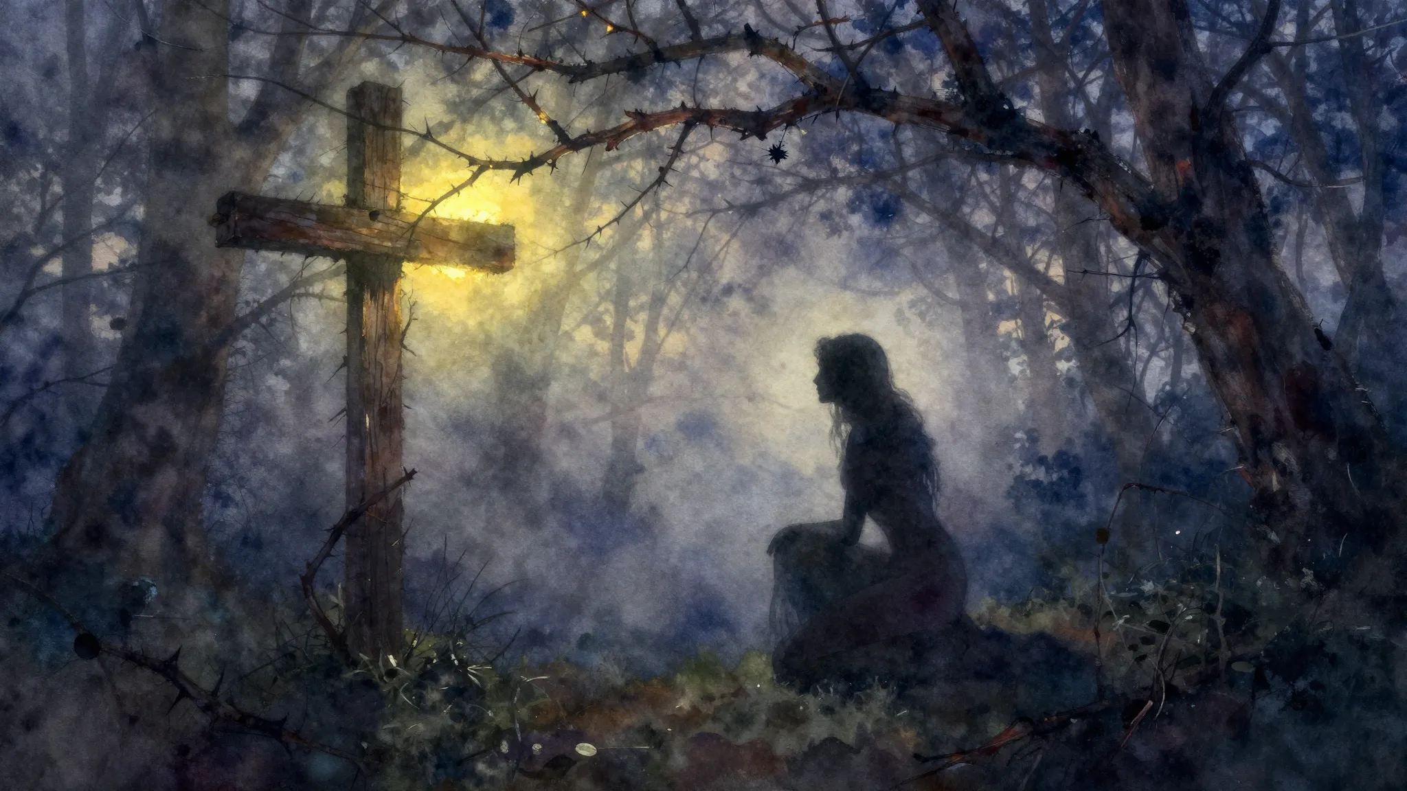 Vibrant watercolor style. A dark, misty forest at twilight w...