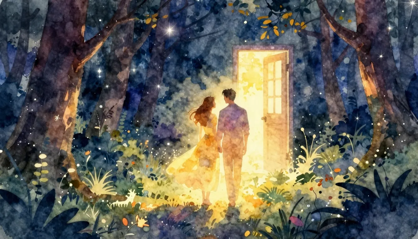 Vibrant watercolor style. A romantic and ethereal scene feat...
