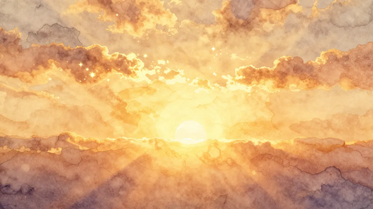 Watercolor style. A surreal landscape with glowing golden da...