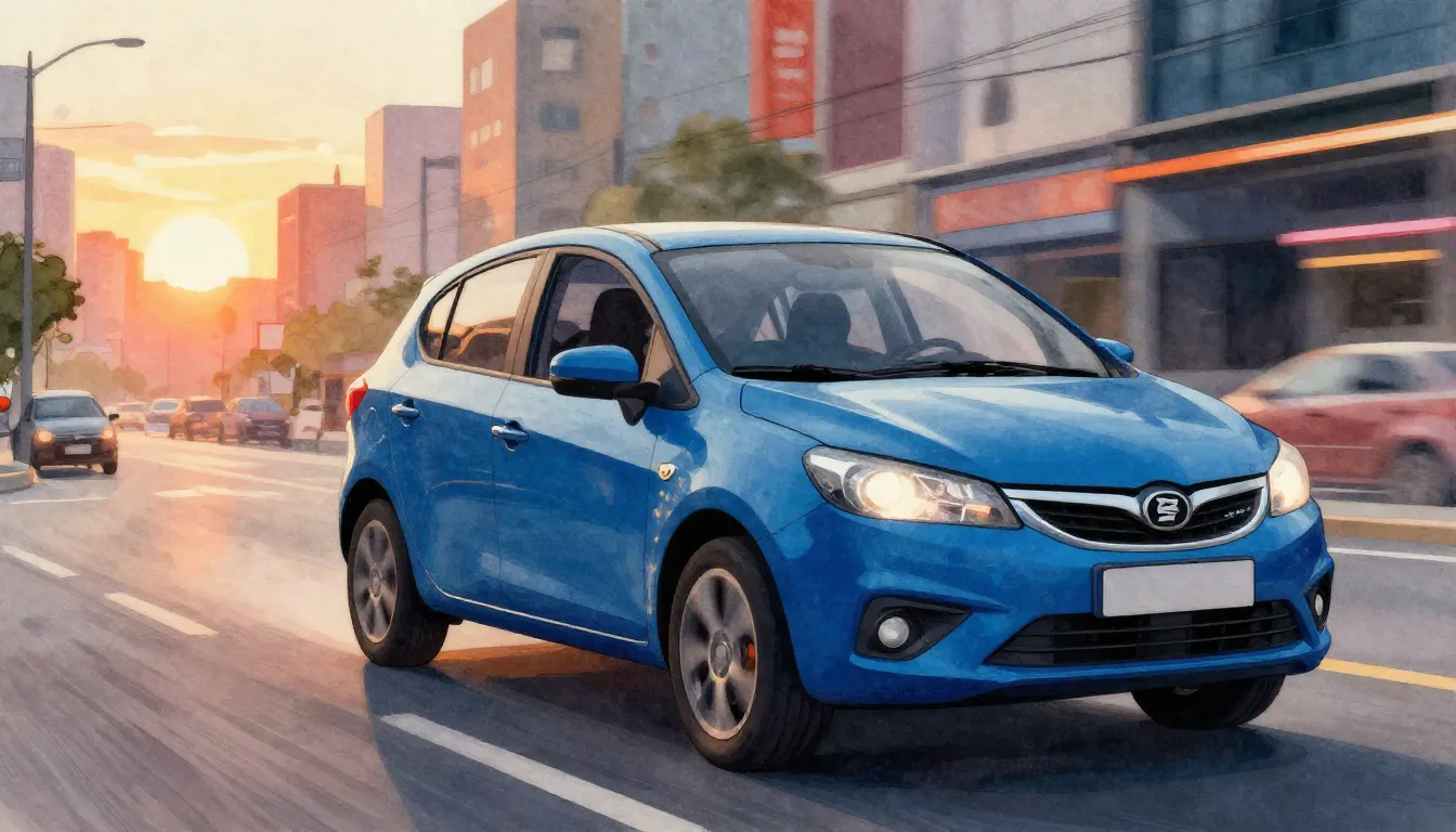 Vibrant watercolor style. A blue ZAZ Chance car driving fast...