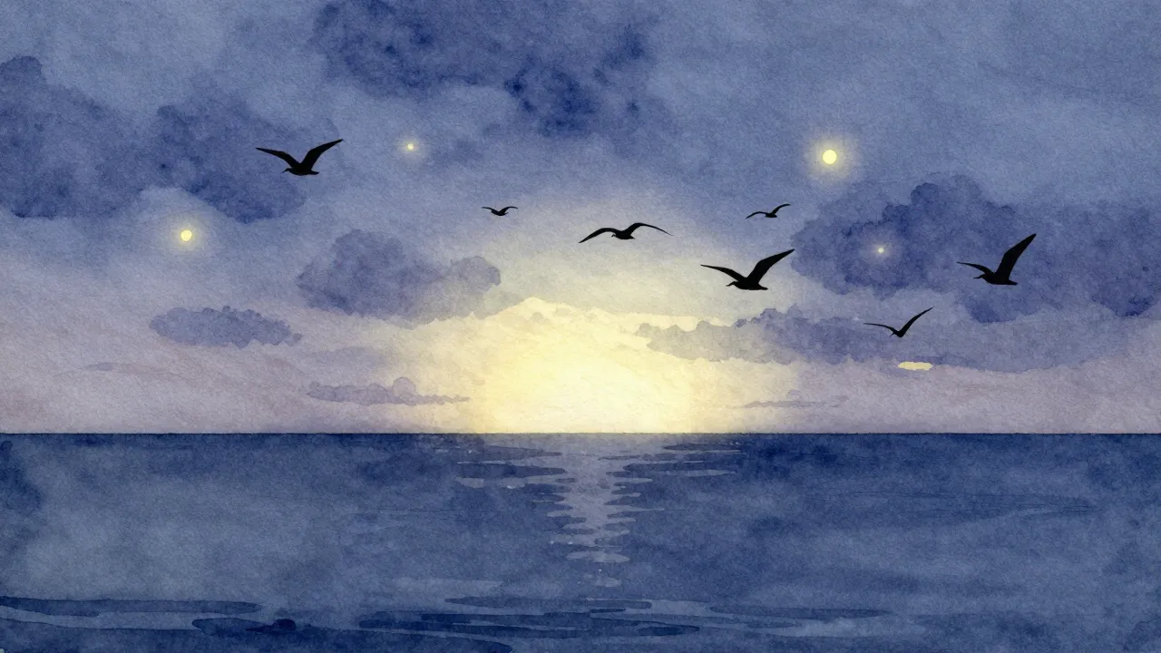 Watercolor style. A serene landscape with a calm ocean at tw...
