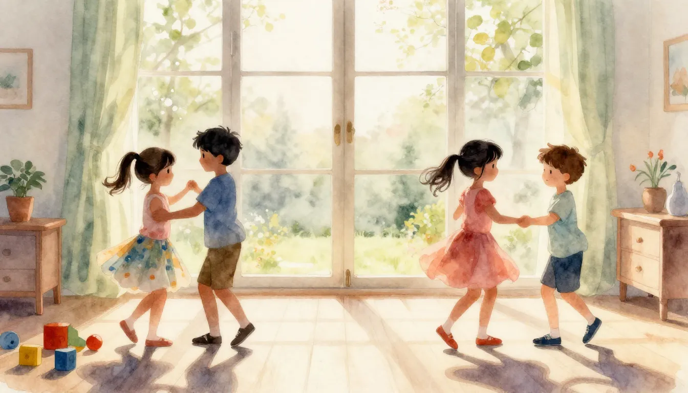 Watercolor style. Silhouettes of children dancing in pairs i...