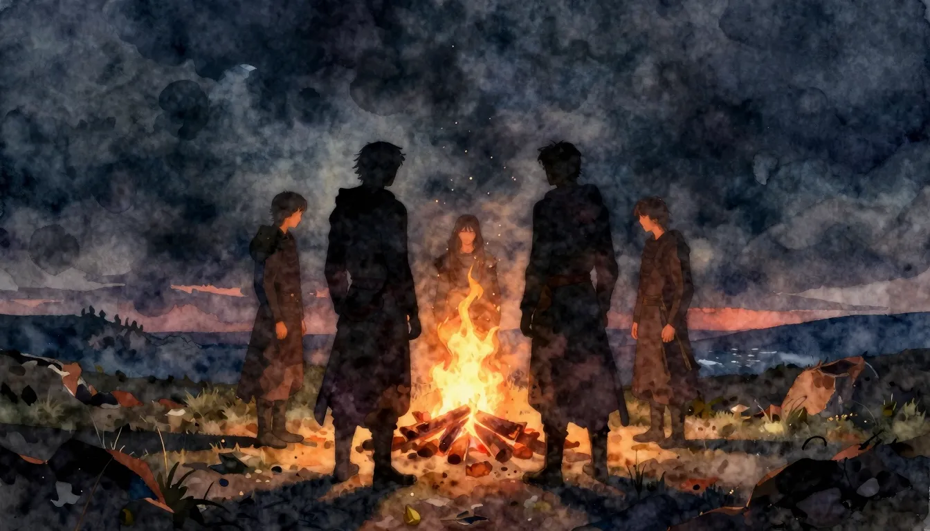 Watercolor style. A dark silhouette of a brotherhood standin...