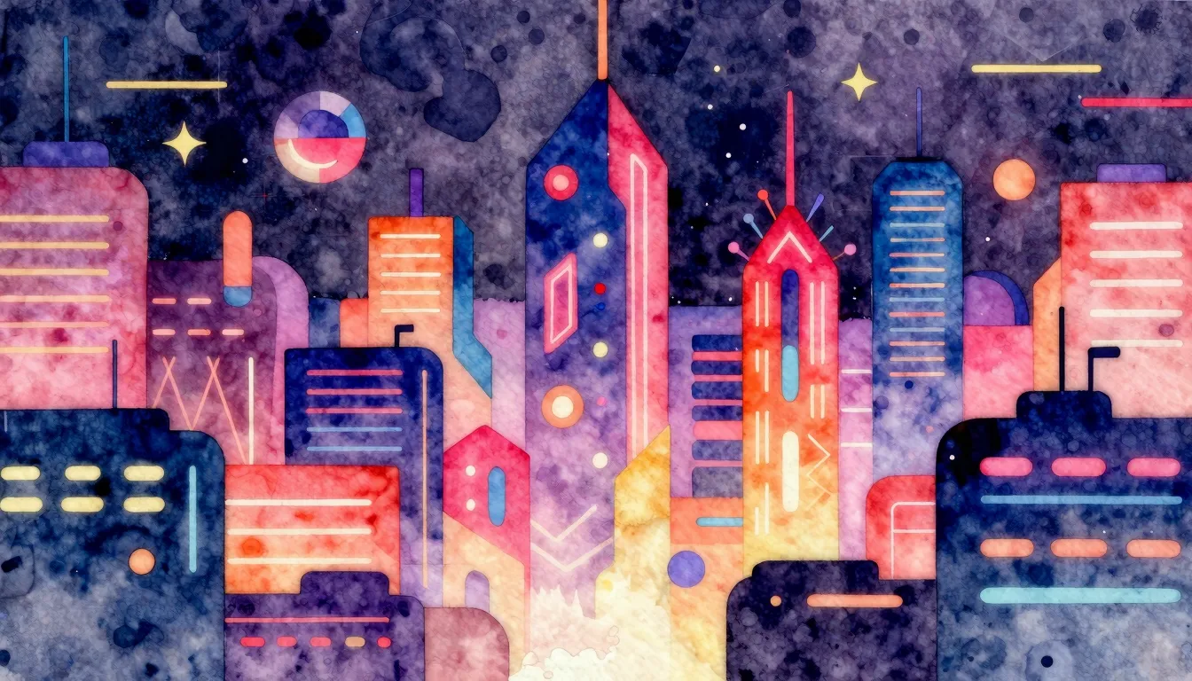 Vibrant watercolor style. Vibrant abstract cityscape of a fu...