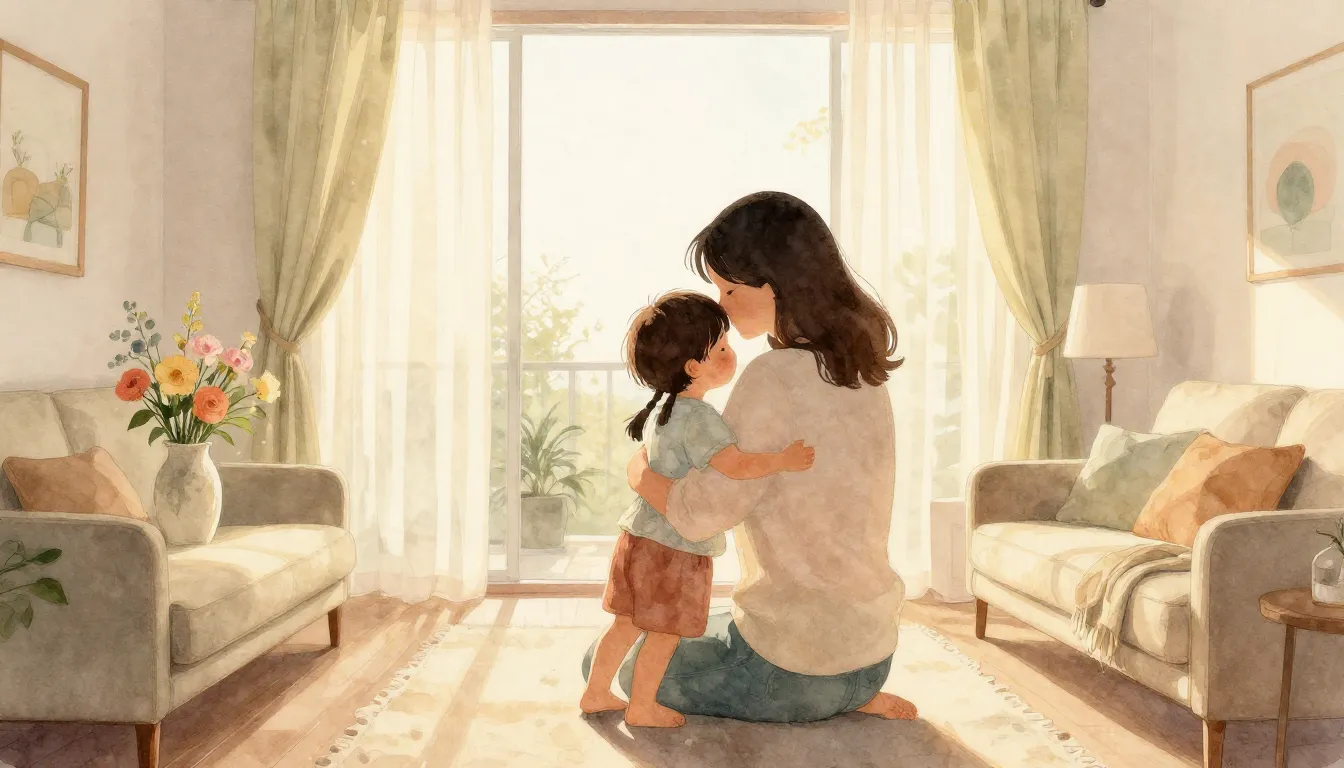 Watercolor style. Warm cozy living room, soft sunlight throu...