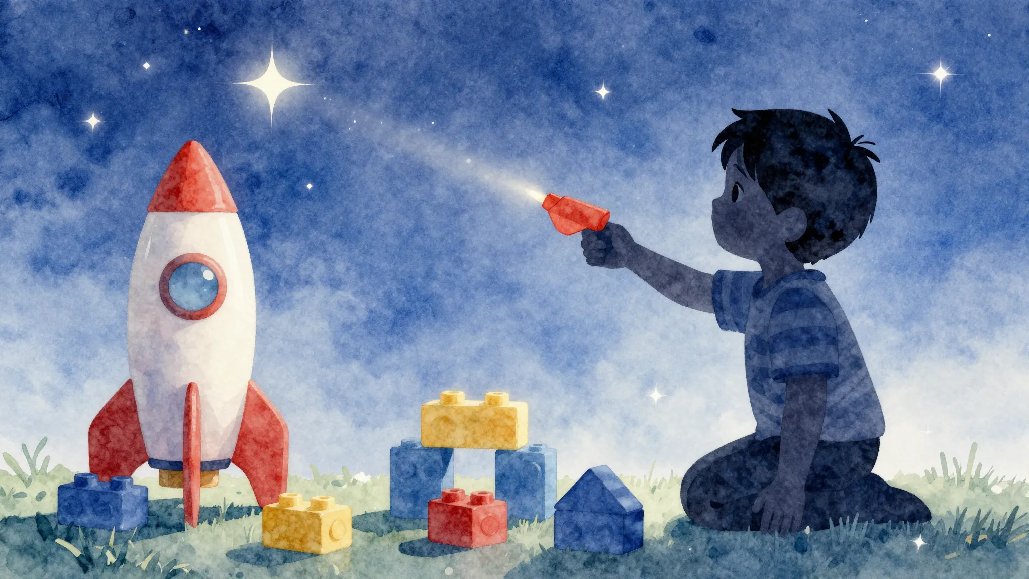 Watercolor style. Silhouette of a small child playing with b...