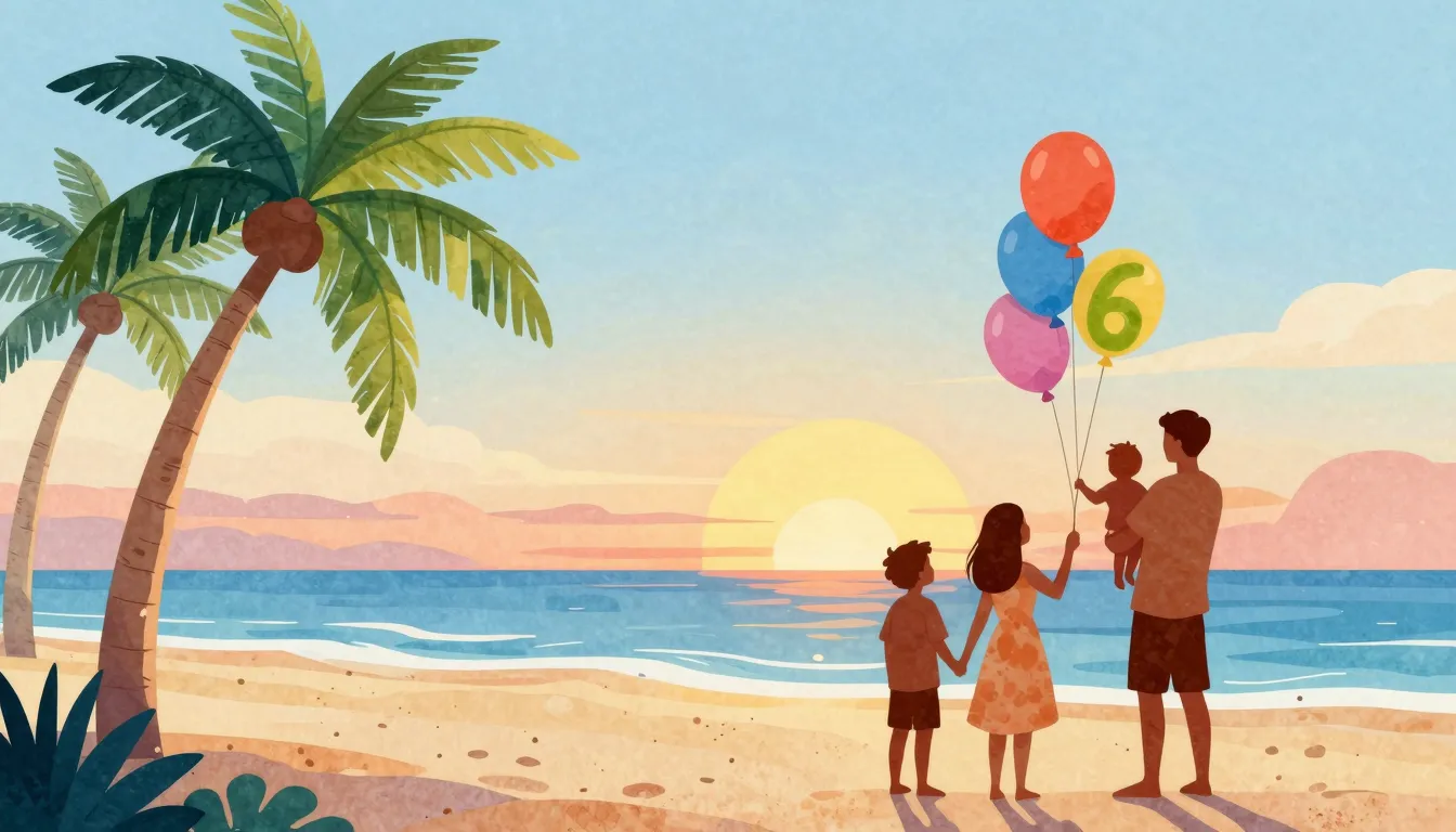 Watercolor style. A bright sunny beach with palm trees and a...