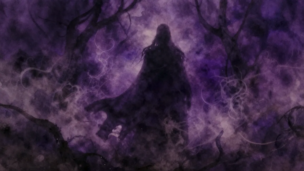 Vibrant watercolor style. A dark, ethereal silhouette standi...