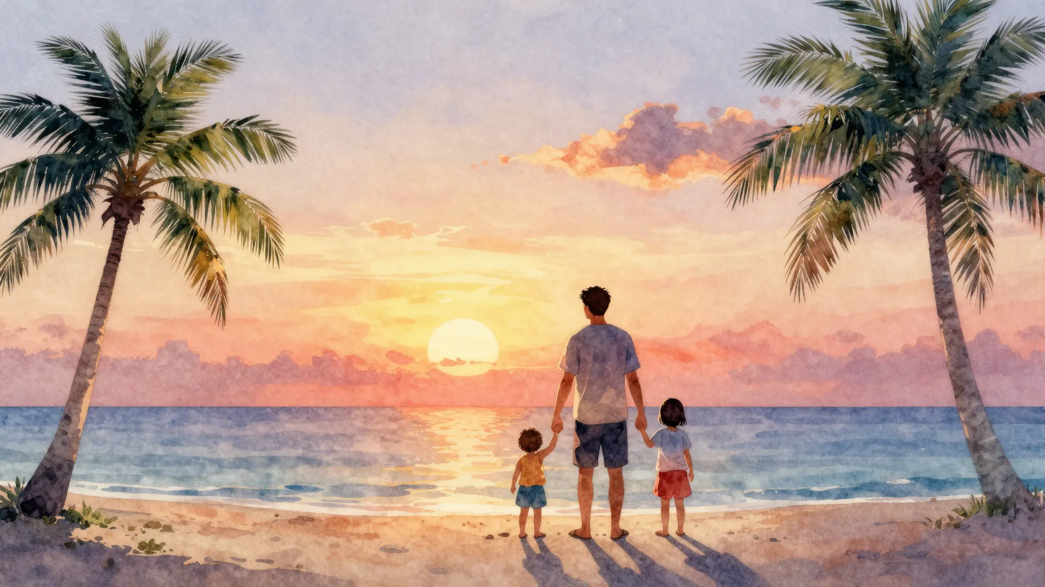 Watercolor style. A warm sunset over a calm beach, silhouett...