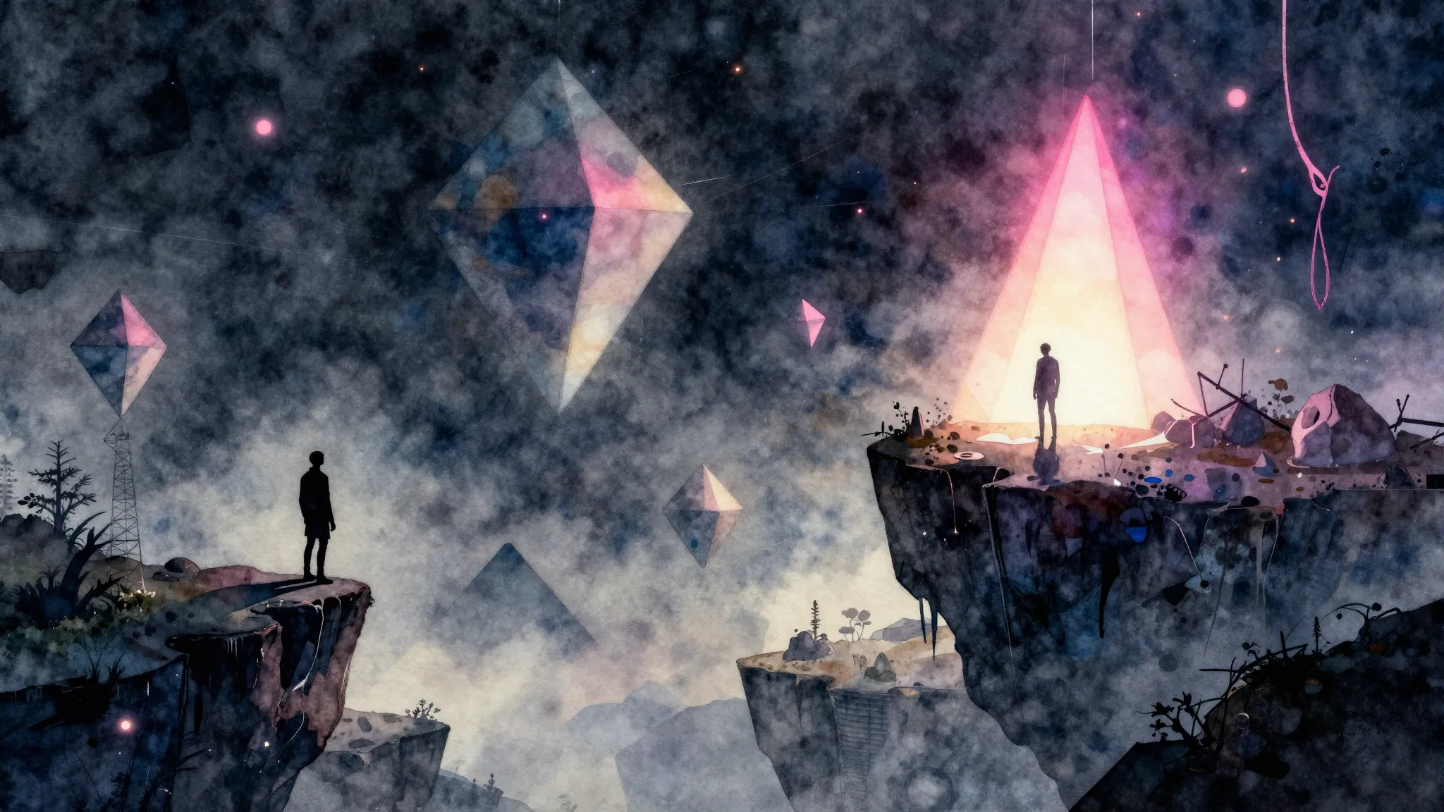 Watercolor style. Abstract surreal world creation, floating ...