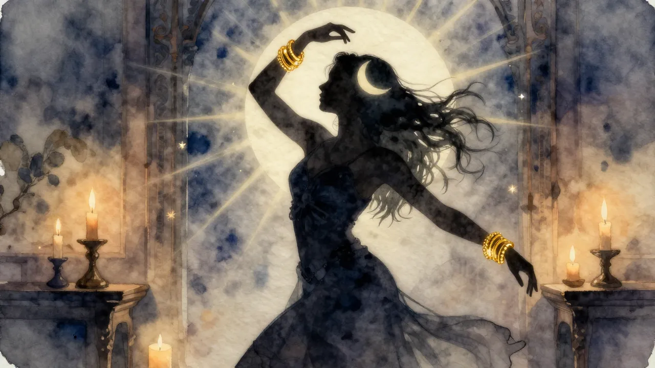 Watercolor style. A silhouette of a dancing woman in a candl...