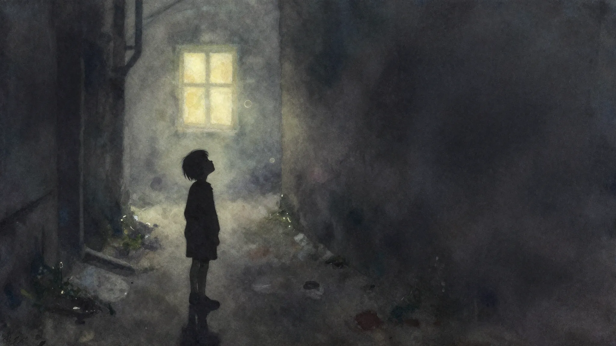 Vibrant watercolor style. A lonely silhouette of a small chi...