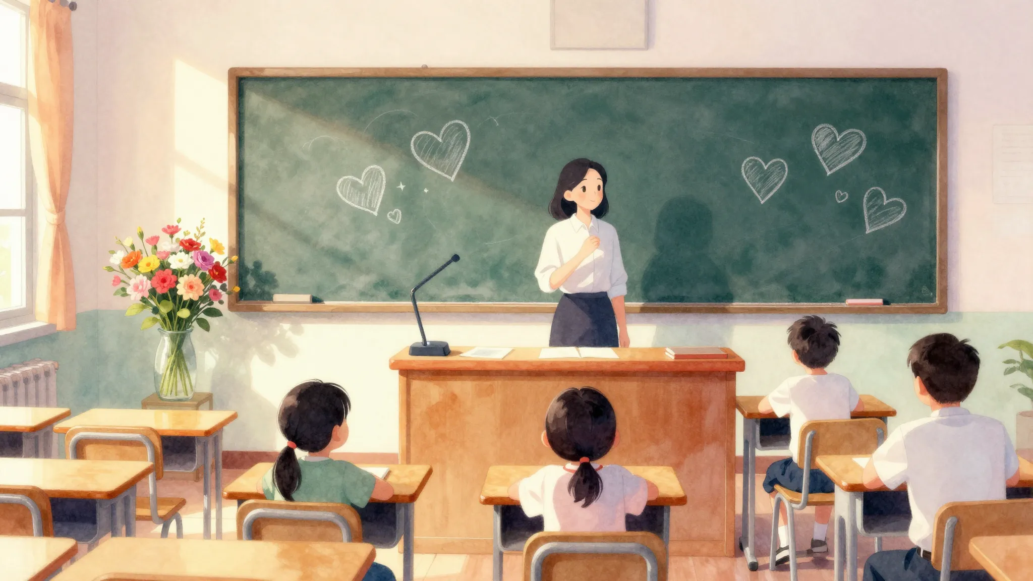 Vibrant watercolor style. A warm classroom interior with a t...
