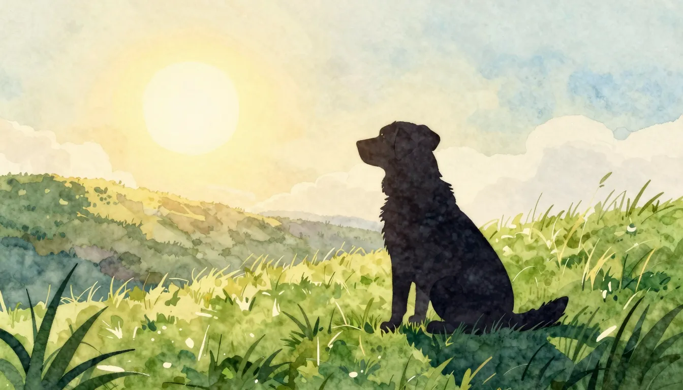 Watercolor style. A silhouette of a dog sitting on a hill, l...