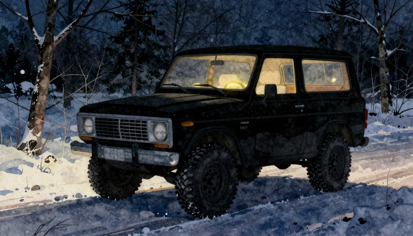 Watercolor style. A silhouette of a retro off-road car 69 on...
