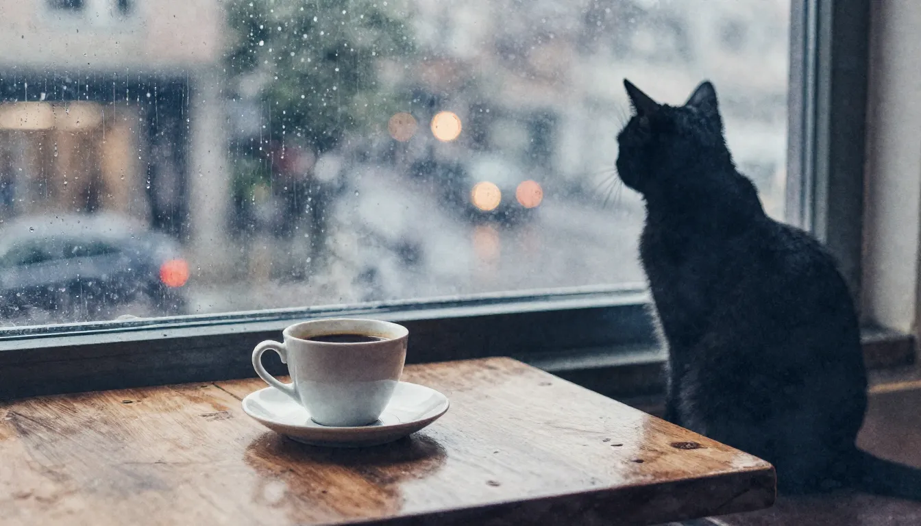 Watercolor style. A lonely coffee cup on a wooden table near...
