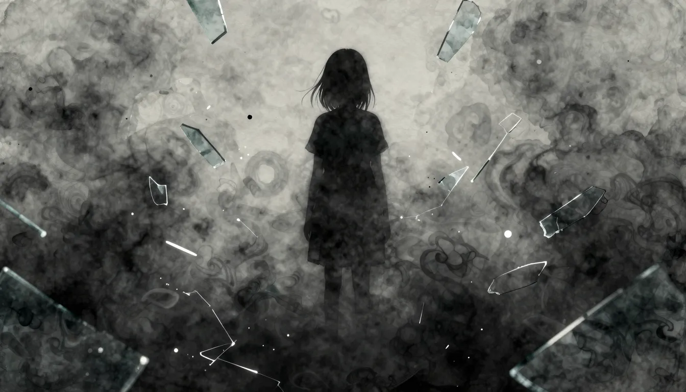 Watercolor style. A dark silhouette of a teenage girl standi...