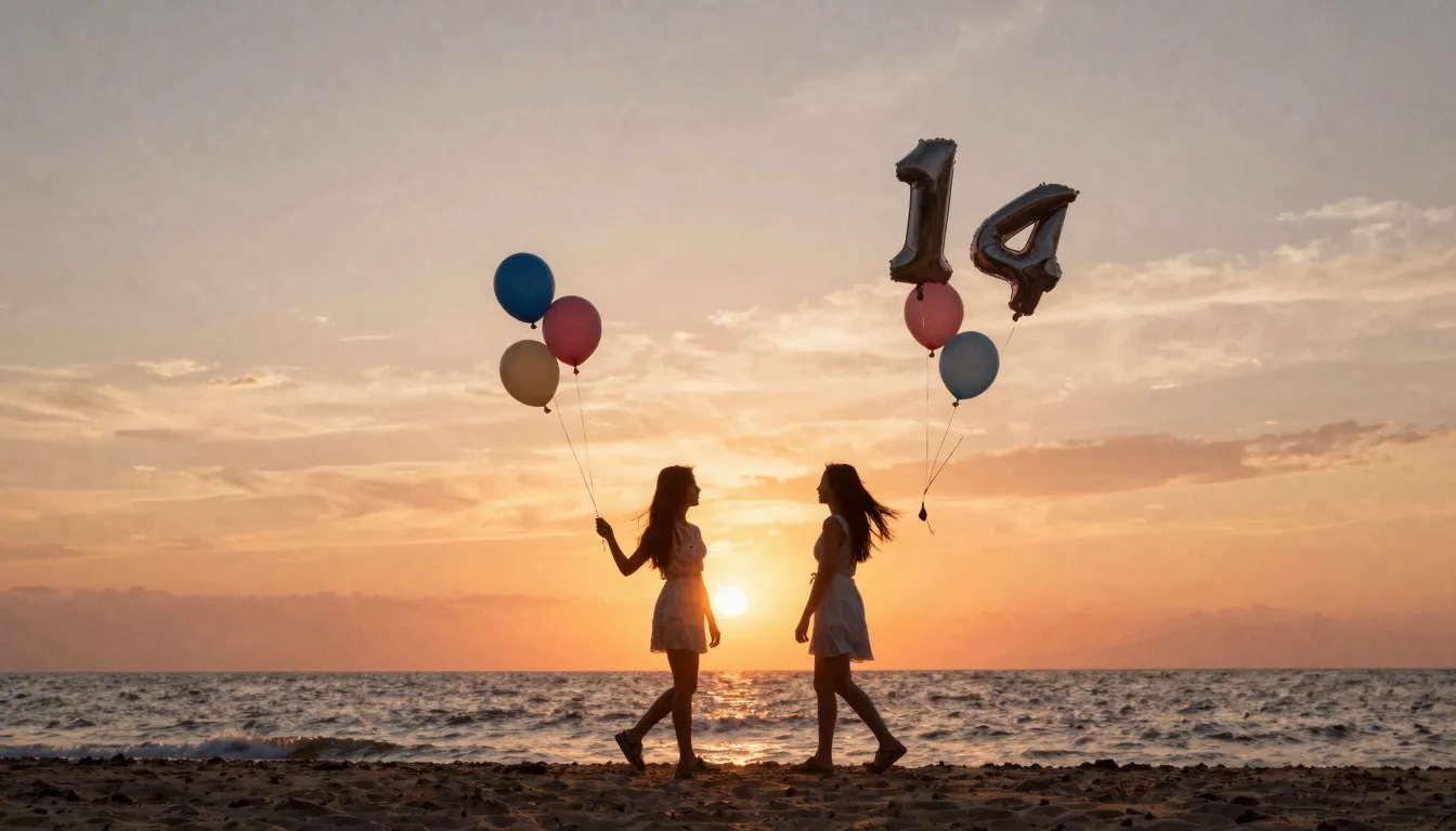 Watercolor style. Silhouette of two sisters walking on a bea...