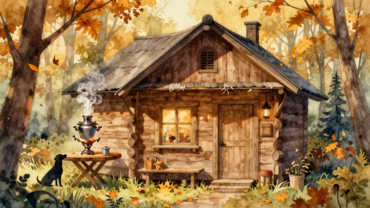 Watercolor style. A cozy wooden house in a forest setting, a...
