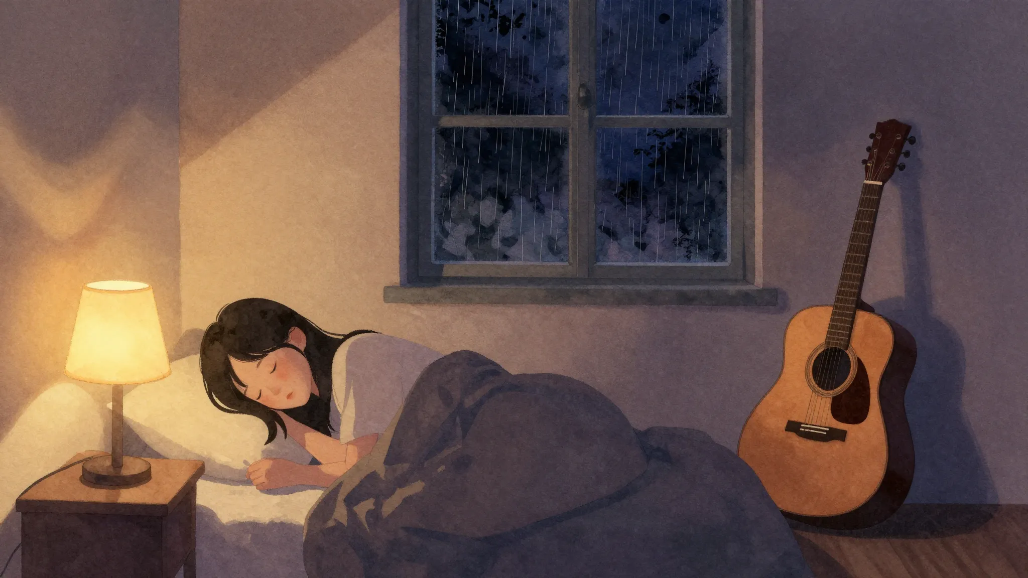 Vibrant watercolor style. A cozy dimly lit room at night, a ...