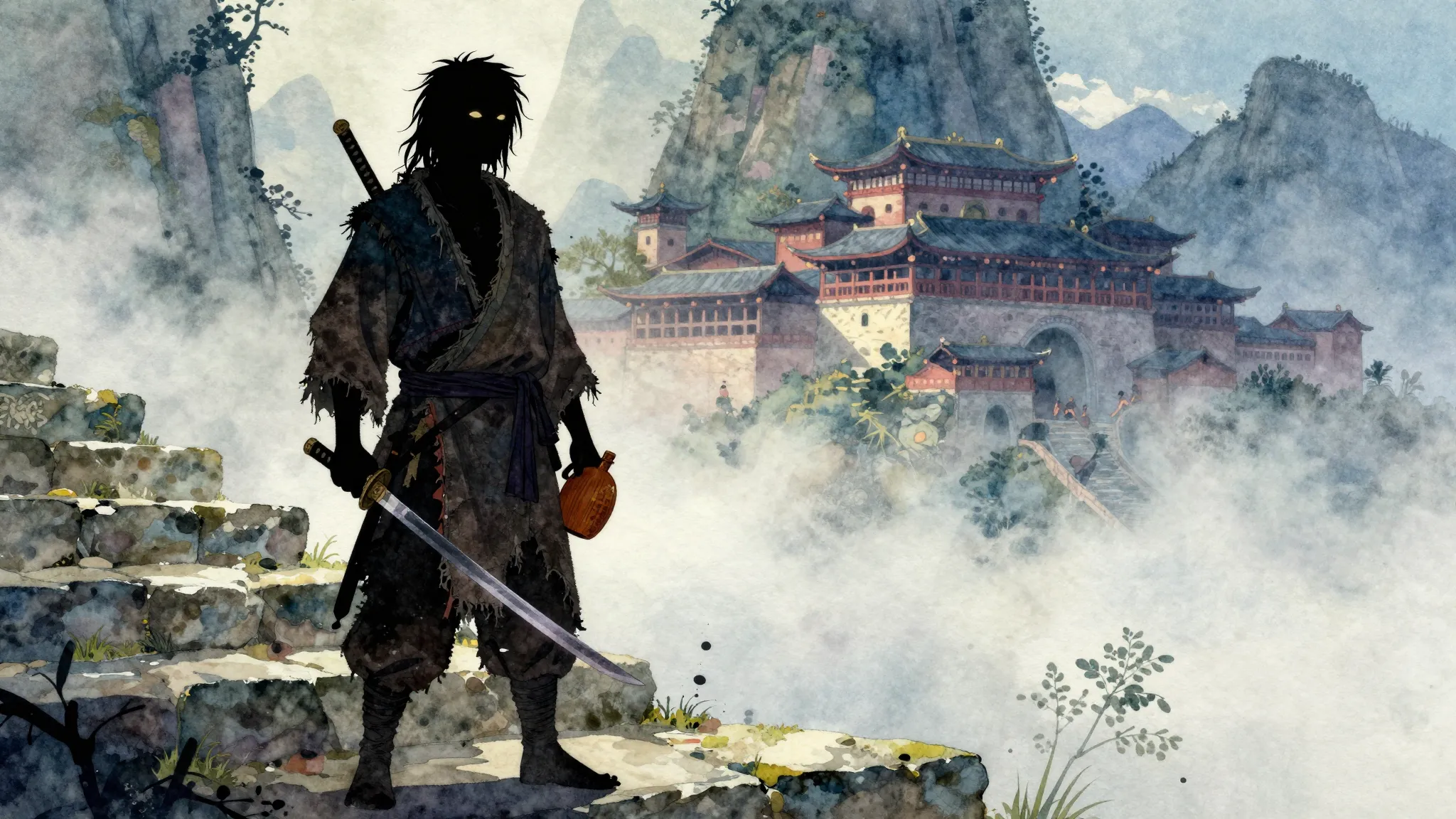 Vibrant watercolor style. A silhouette of a disheveled wande...