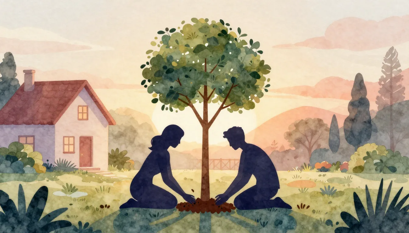 Watercolor style. Silhouette of a couple planting a tree in ...