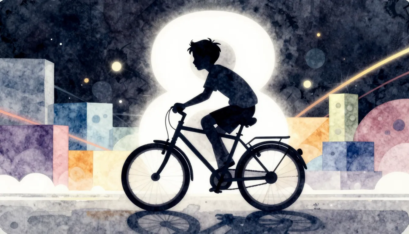 Watercolor style. Silhouette of a boy riding a bicycle, numb...