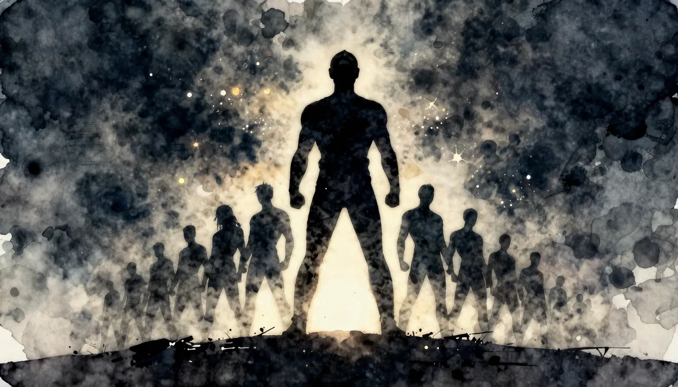 Watercolor style. A silhouette of a hero standing tall again...