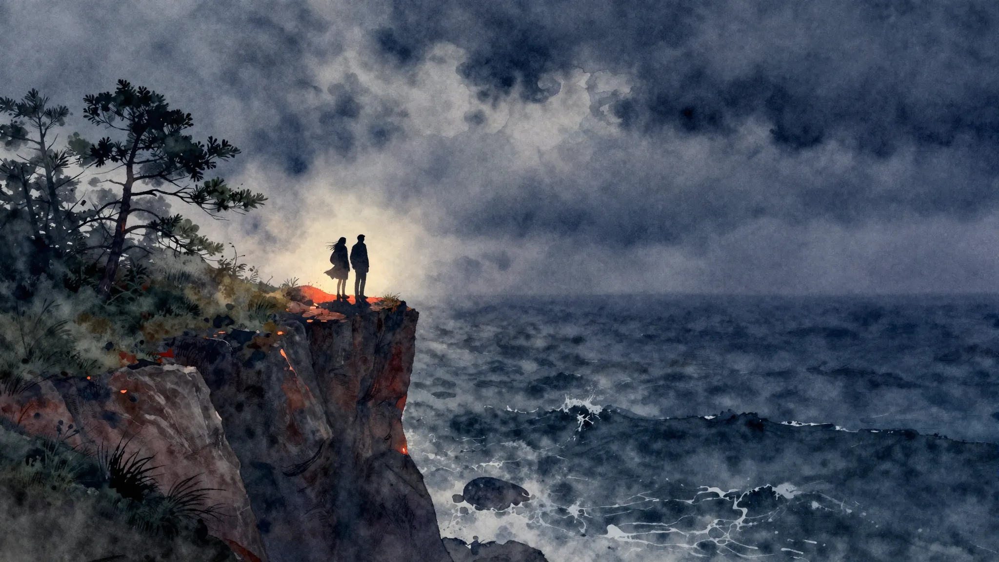 Vibrant watercolor style. Cinematic landscape, a rugged clif...