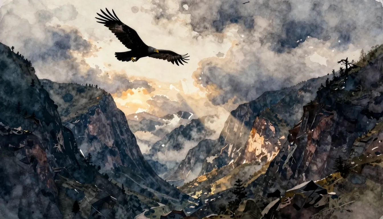 Watercolor style. Dramatic mountain gorge at dawn, heavy clo...