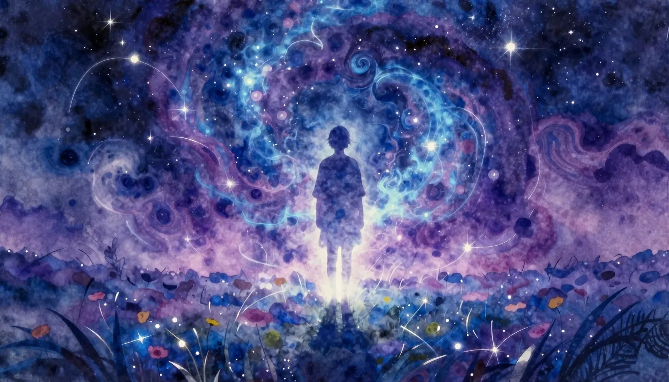 Vibrant watercolor style. A glowing silhouette of a person s...