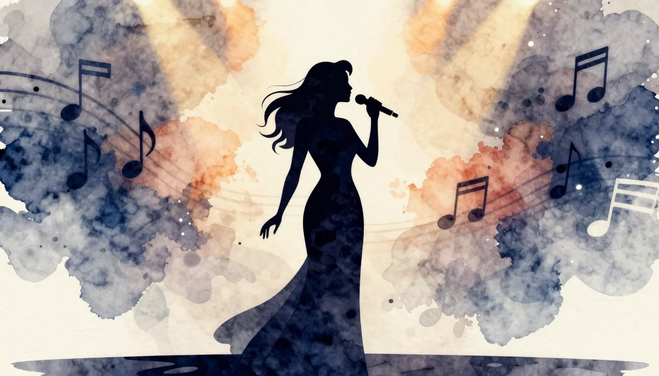 Watercolor style. Silhouette of a woman singing on stage, wa...
