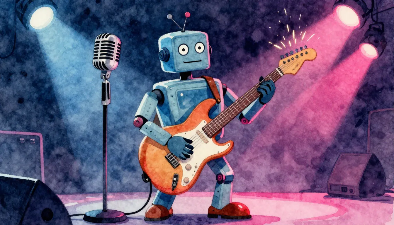 Watercolor style. A retro robot playing an electric guitar o...