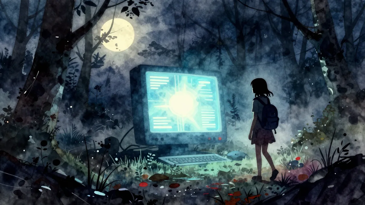 Vibrant watercolor style. A dark, atmospheric post-apocalypt...