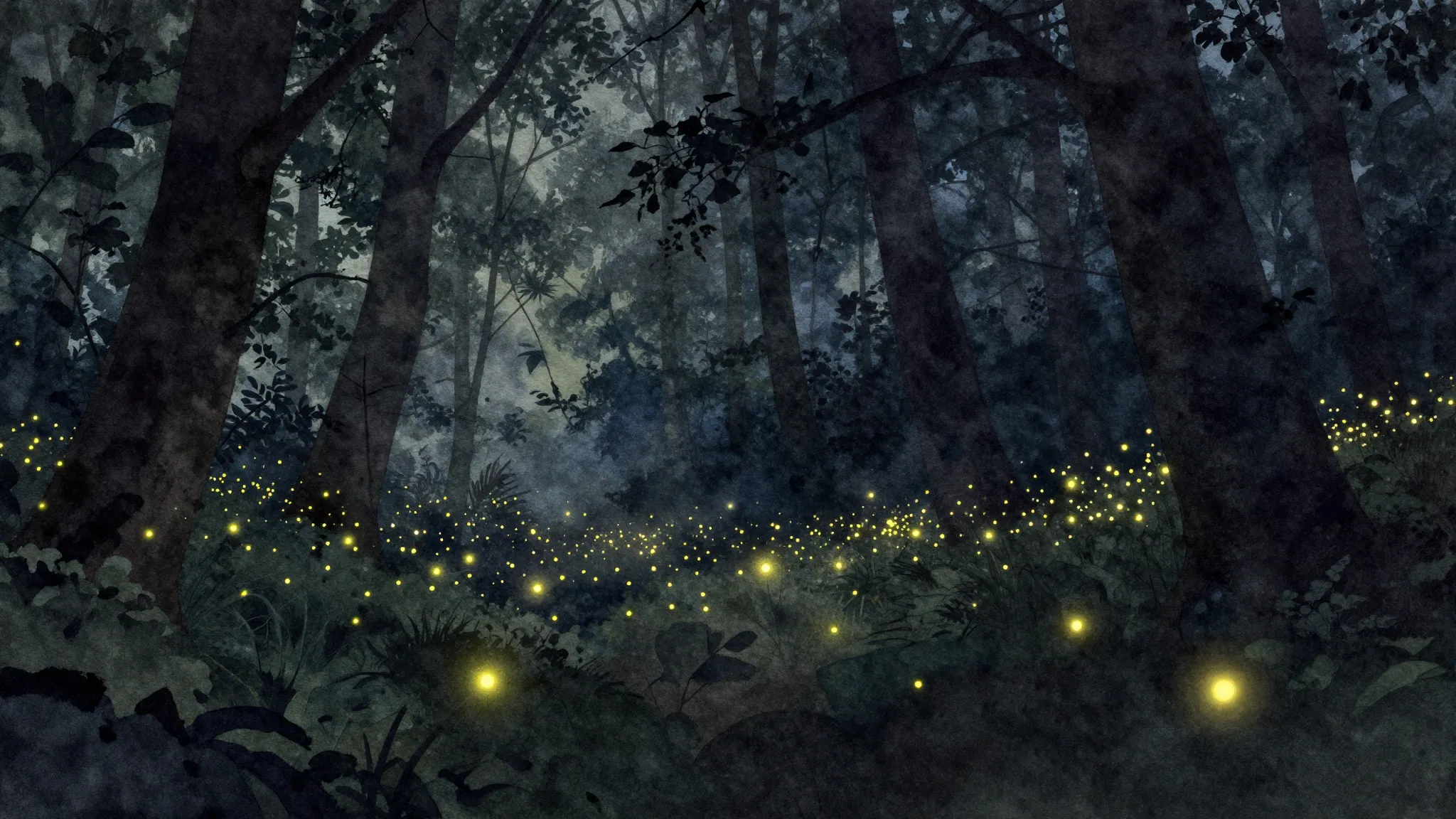 Watercolor style. Dark dense forest silhouette at night, glo...