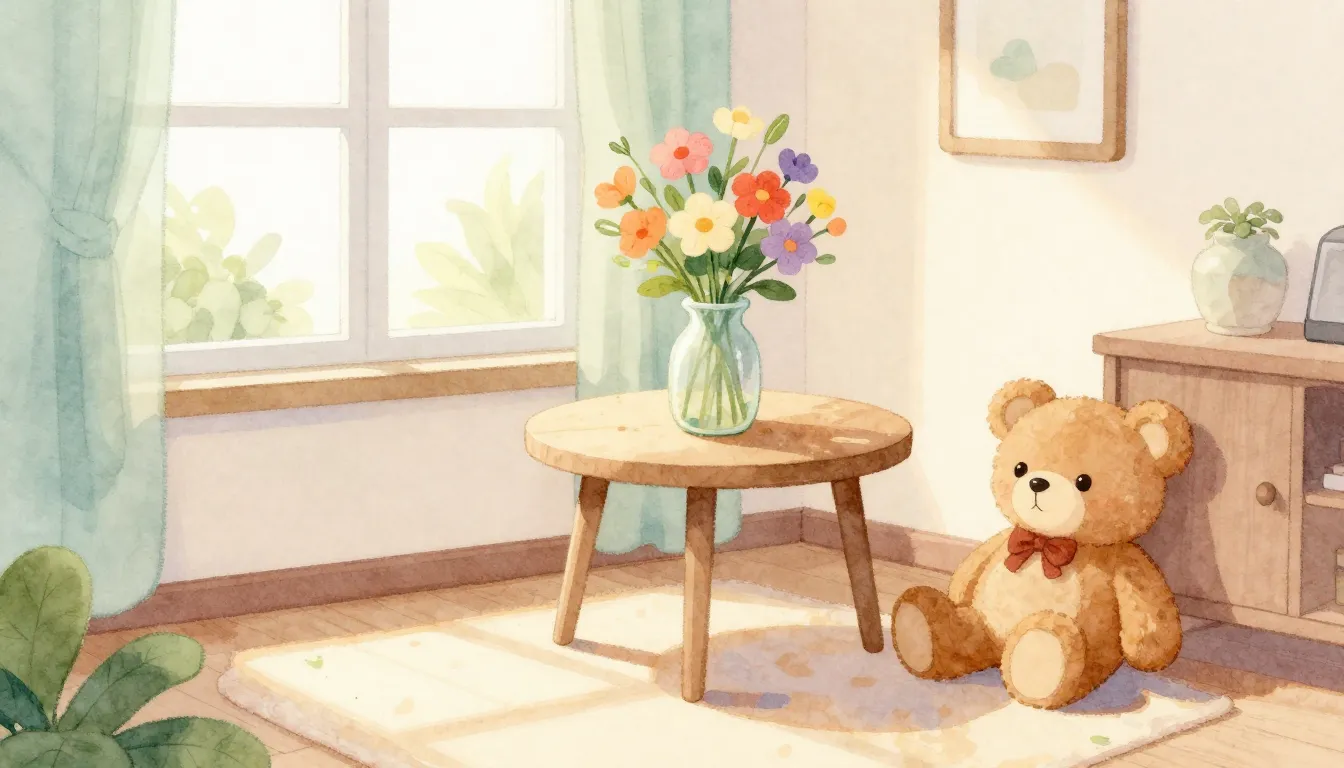 Watercolor style. A cozy bright room, sunlight through the w...