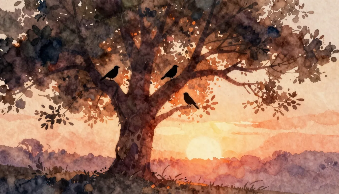Watercolor style. A cozy silhouette of a large tree with 3 s...