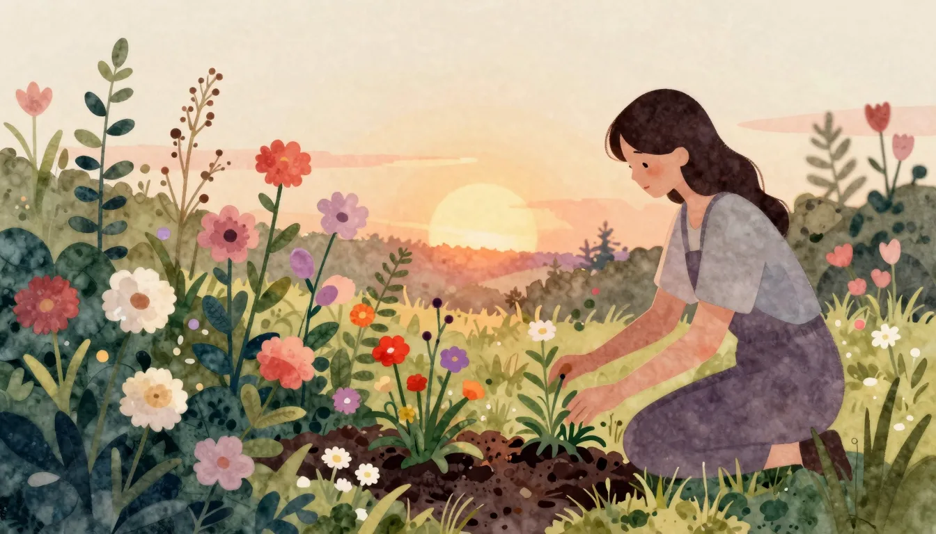 Watercolor style. A cozy garden with blooming flowers, a sil...