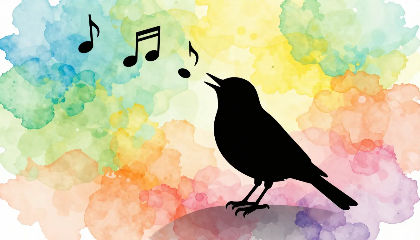 Watercolor style. Silhouette of a bird singing musical notes...