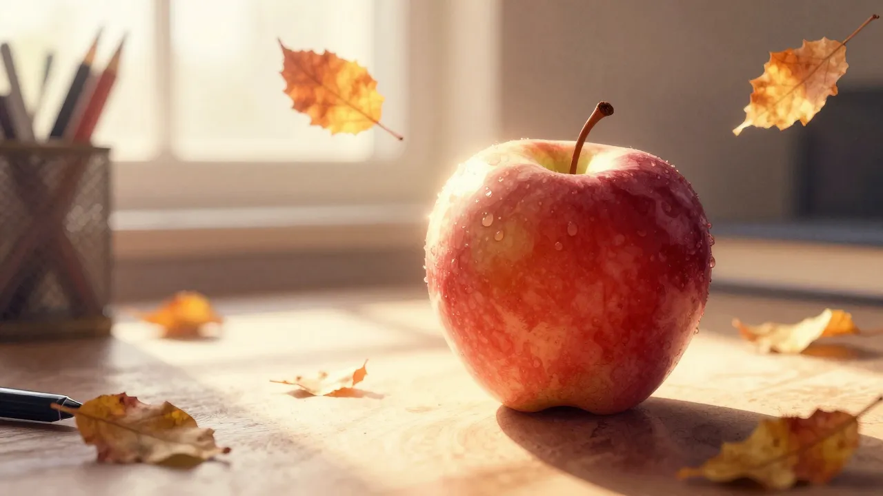 Watercolor style. Silhouette of an apple on a desk, glowing ...