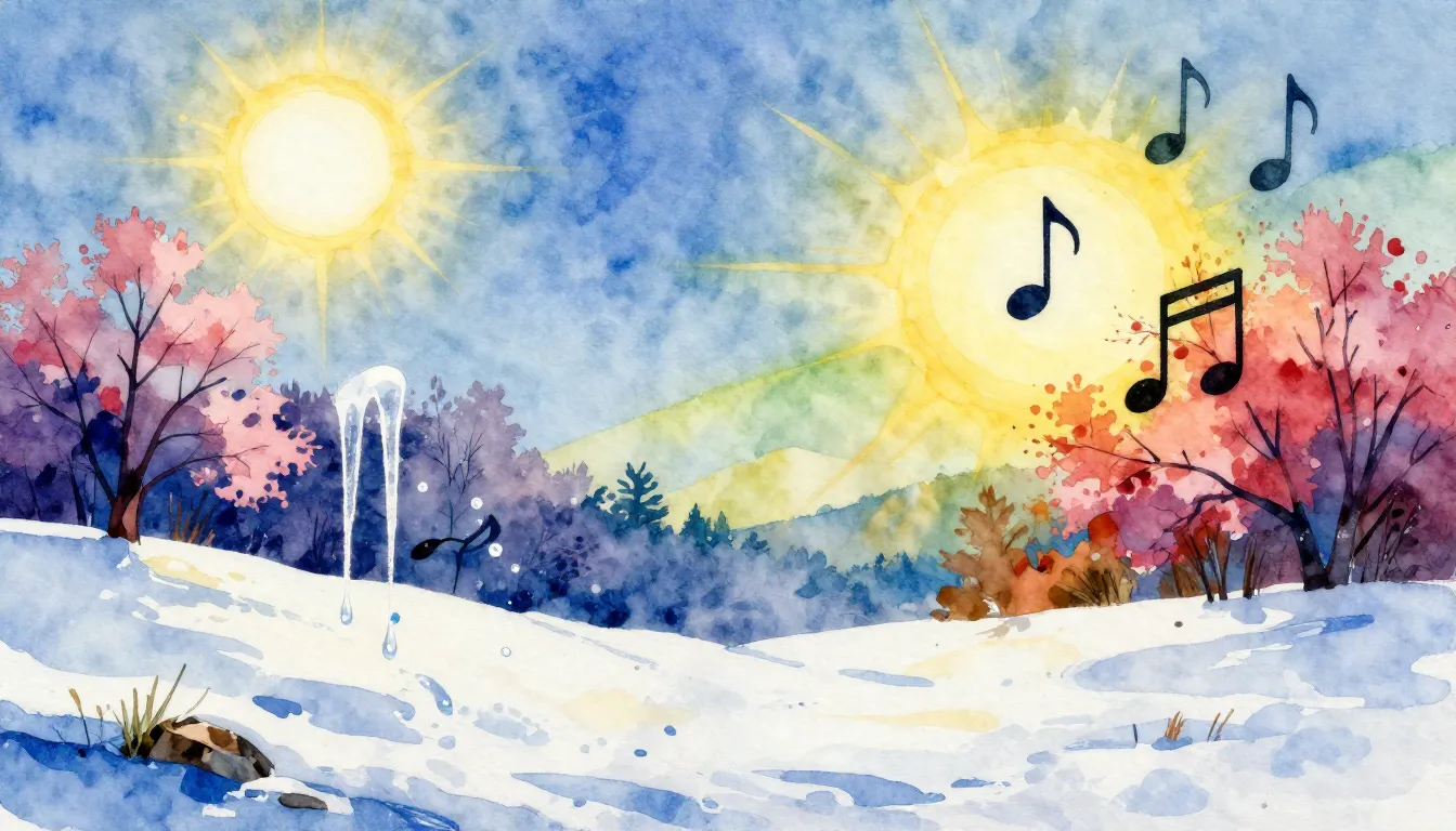 Vibrant watercolor style. Spring landscape, melting snow, wa...