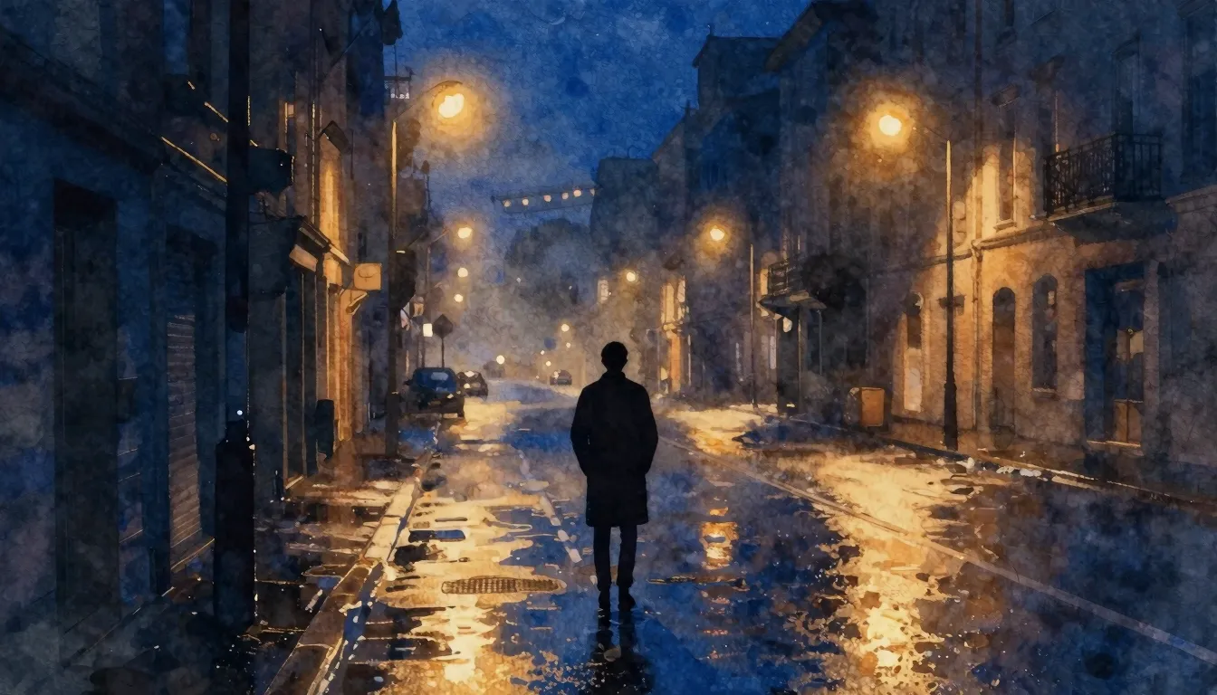 Vibrant watercolor style. A lonely silhouette standing on a ...