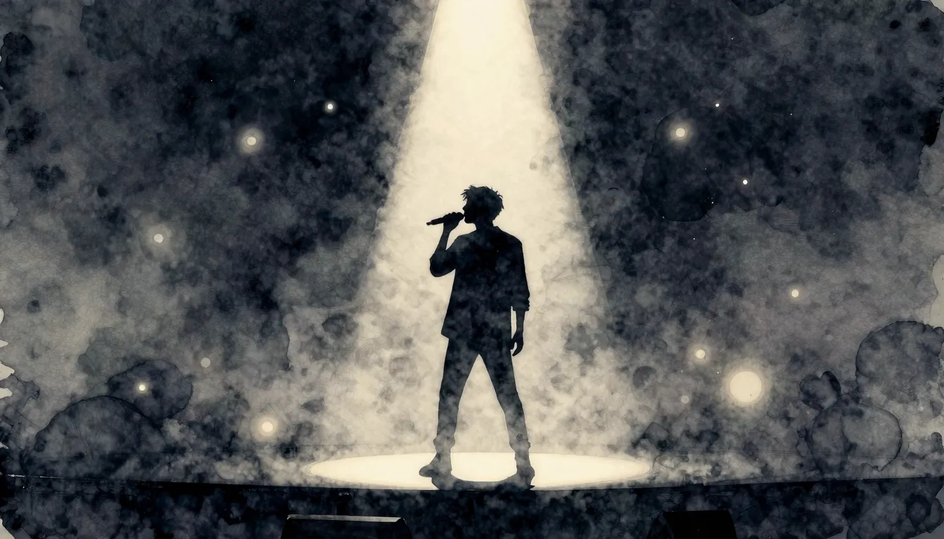 Watercolor style. A silhouette of a singer on a dark stage i...