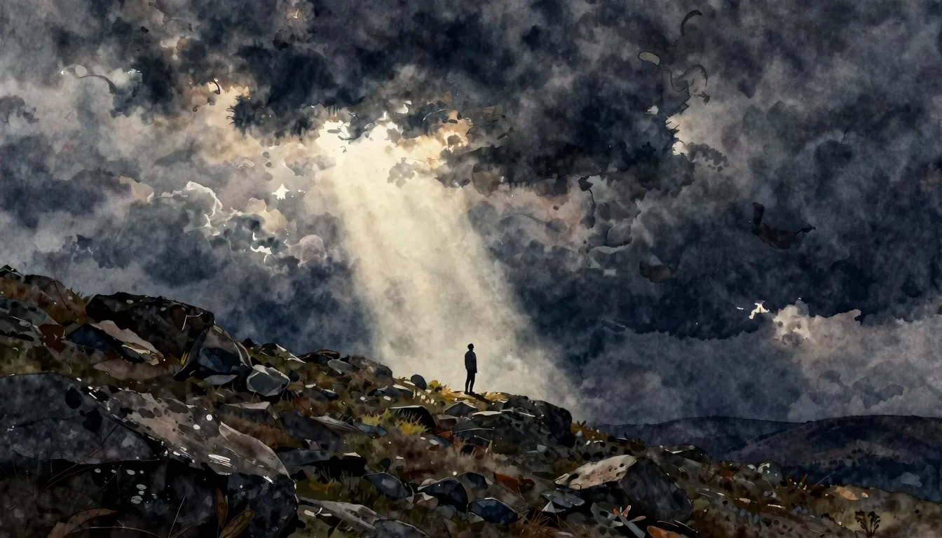 Watercolor style. Dark stormy sky with a single bright beam ...