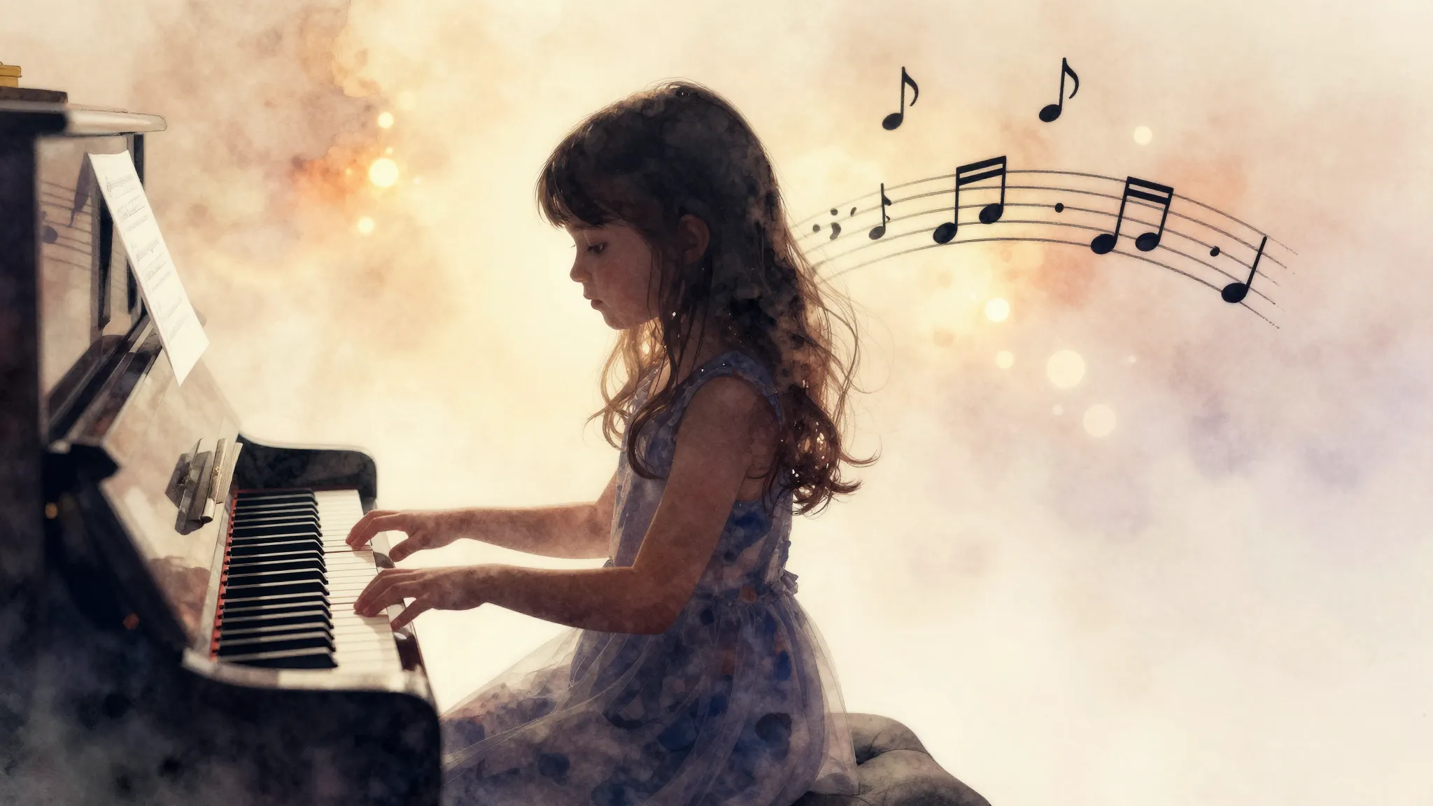 Watercolor style. Silhouette of a young girl playing a piano...